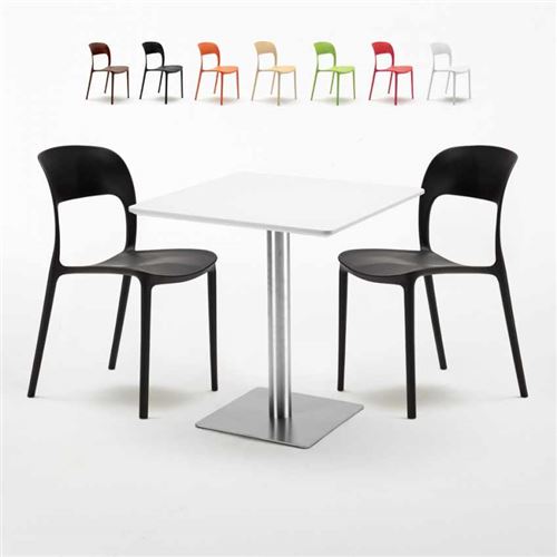 Table carrée blanche 70x70 avec pied en acier et 2 chaises colorées Restaurant Strawberry, Couleur: Noir