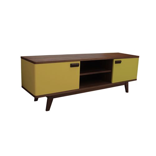 Pirotais Buffet TV noyer naturel massif et laqué, 2 portes 1 niche, Made in France Jaune moutarde