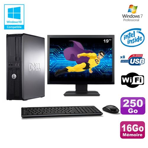 PC Dell Optiplex 780 Dt Intel E8400 3Ghz 16Go 250Go WiFi Win 7 Ecran 19'