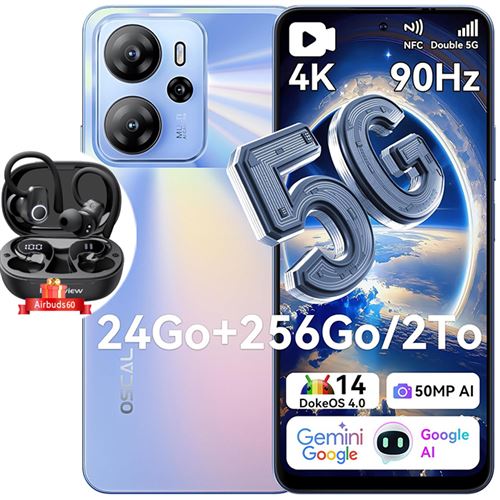 Oscal Tiger 13 Téléphone Portable 5G 6.67 24Go+256Go 50MP 5000mAh Android NFC Dual SIM Bleu avec Blackview Airbuds 60