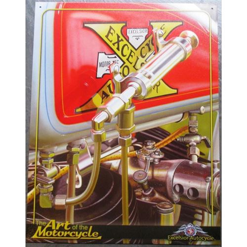 plaque moto excelsior gros plan sur moteur affiche tole usa
