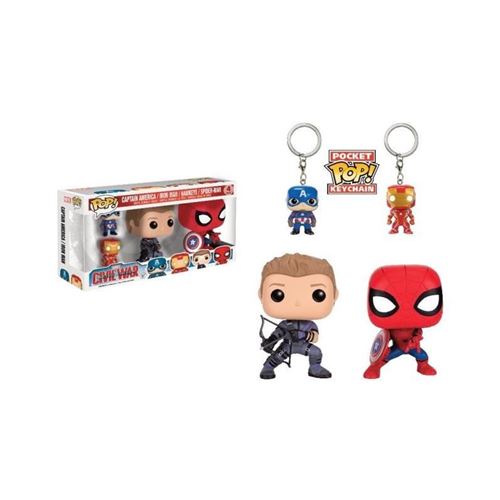 2 Figurines Funko Pop! & 2 Portes clés Pocket Pop!: Captain America, Iron Man, Spider-Man, Hawkeye