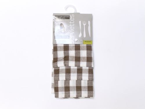 Lot de 3 serviettes en coton CARREAUX NORMANDS taupe, jacquard 45x45 cm