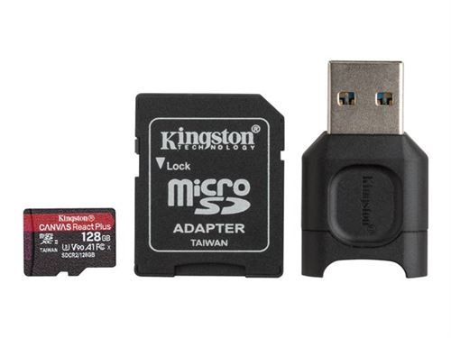 Kingston Canvas React Plus - Carte mémoire flash (adaptateur microSDXC vers SD inclus(e)) - 128 Go - A1 / Video Class V90 / UHS-II U3 / Class10 - microSDXC UHS-II