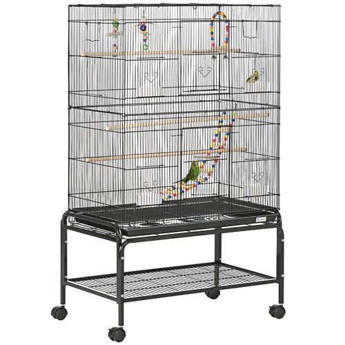PawHut Cage à oiseaux sur pieds roulettes avec 4 mangeoires et 3 perchoirs 79 x 49 x 133 cm noir