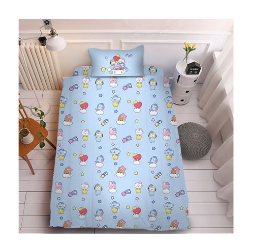 Set de housse de couette BT21 en coton 150x200cm avec drap housse 160*230cm et 2 taies d'oreiller 48*74cm - bleu ciel