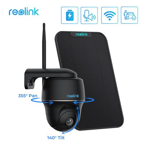 Caméra de Sécurité Reolink Batterie WiFi 2,4/ 5 GHz, 360° PanTilt, Vision Nocturne 2K, Détection Intelligente 4MP HD, Audio Bidirectionnel, Argus PT Pro + Panneau Solaire Kit Noir