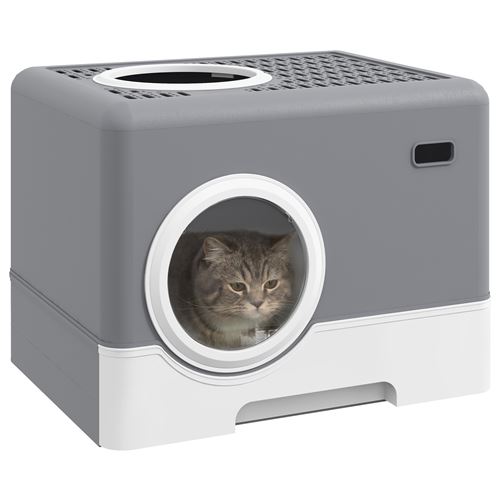 Maison de toilette chat porte battante et haute pelle PP gris blanc