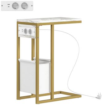Table d'appoint avec station de charge secteur + USB - panier tissu intégré - acier doré effet marbre blanc - 1
