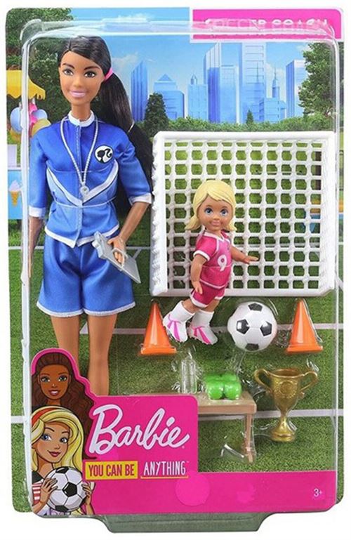 Mattel - Barbie Métiers -Coffret poupée Coach de Football brune avec figurine d'enfant et accessoires