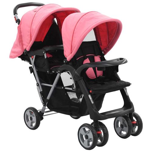 vidaXL Poussette à deux places rose et noir acier