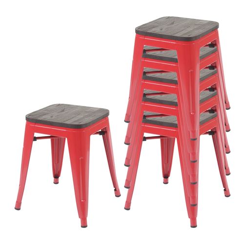Mendler - Tabouret HWC-A73 - Style Industriel - Bois et Métal - Rouge - Lot de 6 - Image 3