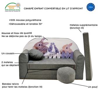 Canapé en mousse enfant convertible lit avec coussin et pouf OEKO-TEX