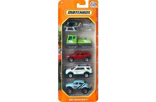 Set 5 véhicules matchbox : mbx mountain ii - coffret voitures miniatures et hélicoptère chasse neige vert + carte offerte - enfant