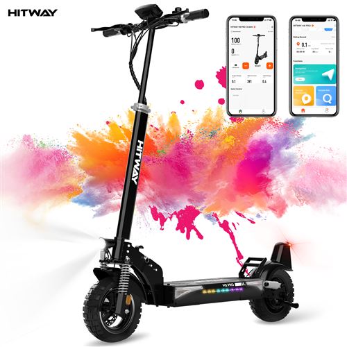  Trottinette &Eacute;lectrique Pliable - HITWAY - Pneus gonflables 10"" - 500W - APP - Batterie 48V 20.8Ah - Scooter - Noir&Gris 