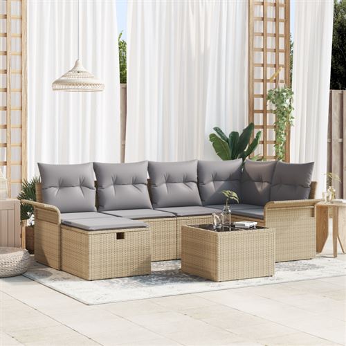 Non Communiqué Beige Ensemble De Canapé De Jardin 7 Pièces Avec Coussins Poly Rotin Vidaxl, Canapé De Jardin 2 Places Avec Rangement Et Coussi