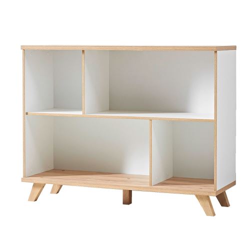 Armoire de bureau en bois piètement chêne 4 niches Hauteur 91 cm OSLO - Blanc/Chêne
