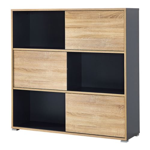 Armoire de bureau avec 3 portes coulissantes L120cm H119cm SLIDE - Anthracite/Chêne - 119cm
