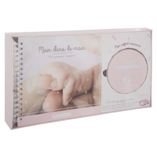 Coffret de naissance avec Album photos et Boite à empreintes - ROSE
