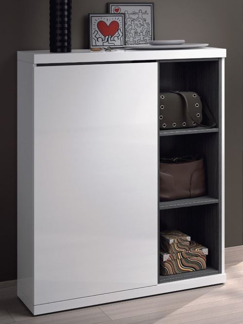 Meuble à chaussures avec 1 porte et 3 étagéres, coloris blanc brillant, 108 x 79 x 25 cm -PEGANE-