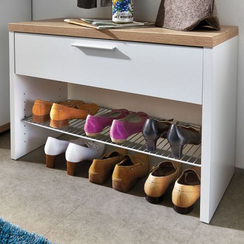 Meuble à chaussures Banc à chaussures blanc/chêne avec 1 tiroir et 1 étagère, Dim 76 x 53 x 35 cm -PEGANE-
