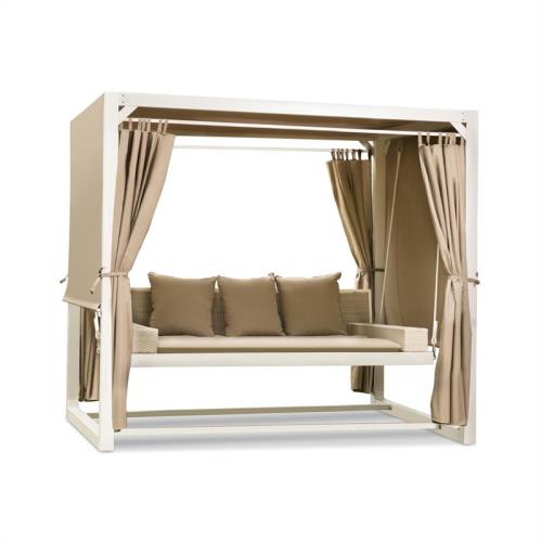 Blumfeldt Eremitage Balancelle de jardin luxe avec auvent , rideaux et 3 coussins - 236 x 180 x 210cm - blanc & taupe