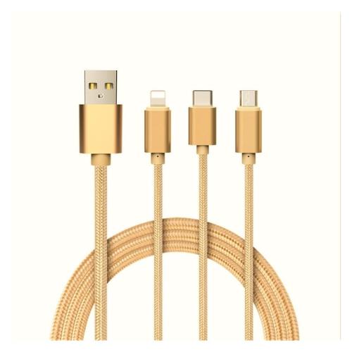 Cable 3 en 1 Pour Lenovo Z2 Plus Android, Apple & Type C Adaptateur Micro USB Lightning 1,5m Metal Nylon (OR)