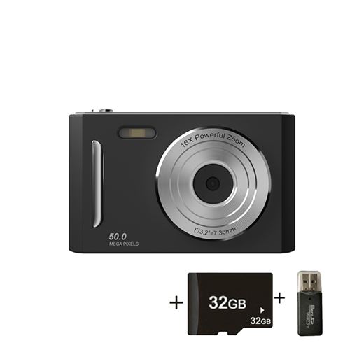 Appareil Photo Num&eacute;rique Compact 50MP - Vid&eacute;o HD 1080P + Carte 32GB + &Eacute;cran IPS 2,4"" - Noir