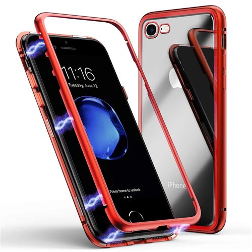 Coque pour iPhone SE 2020 - Coque Magnétique Rouge + Verre Trempé - Protection Métal Film Vitre Ecran Ultra Résistant Phonillico®