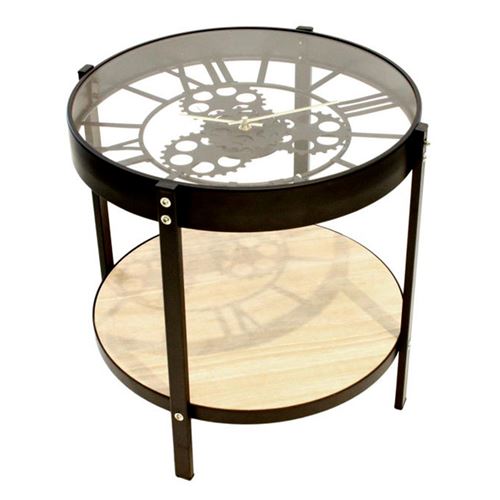 The Home Deco Factory Noir Table D'appoint En Métal Et Bois Horloge 40 Cm