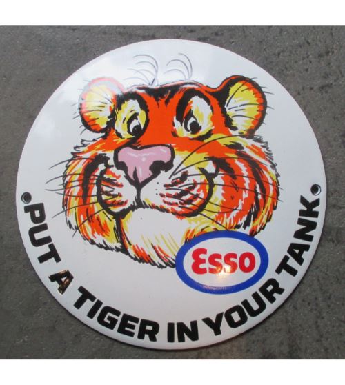 mini plaque emaillée esso tigre put a tiger in your tank tole ronde 12cm deco métal garage huile