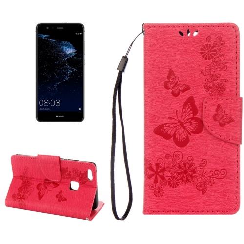 Huawei P10 Lite Housse Etui Cuir PU Rouge Gravé Papillon ALS18083