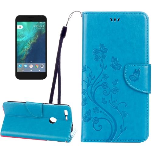 Google Pixel Housse Etui Cuir PU Bleu Gravé Fleurs ALS17586
