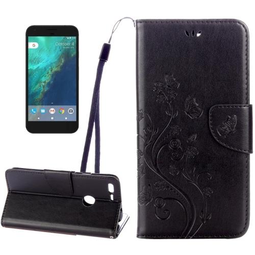 Google Pixel XL Housse Etui Cuir PU Noir Gravé Fleurs ALS17694