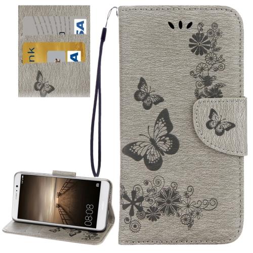 Huawei Mate 9 Housse Etui Cuir PU Gris Gravé Papillon ALS17834