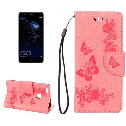 Huawei P10 Lite Housse Etui Cuir PU Rose Gravé Papillon ALS18079