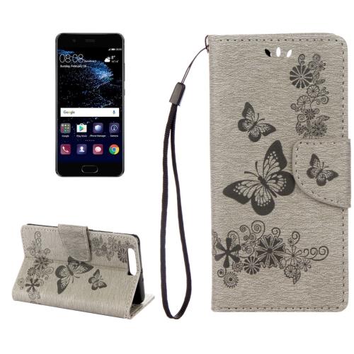 Huawei P10 Plus Housse Etui Cuir PU Gris Gravé Papillon ALS18147