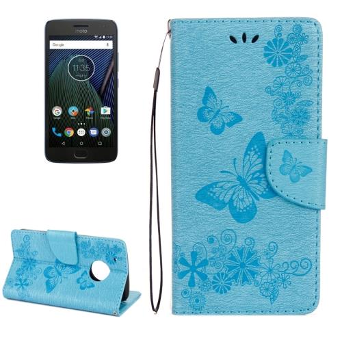 Motorola Moto G5 Plus Housse Etui Cuir PU Bleu Gravé Papillon ALS18429