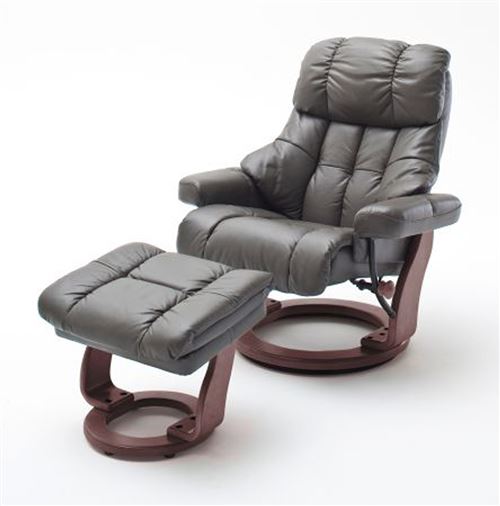 Fauteuil relax en cuir coloris gris foncé / noyer - 97 x 110 x 92 cm -PEGANE-