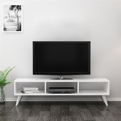 HOMEMANIA Meuble TV Manolya Moderne - avec Étagères - pour Salon - Blanc en Bois, 120 x 35 x 40 cm