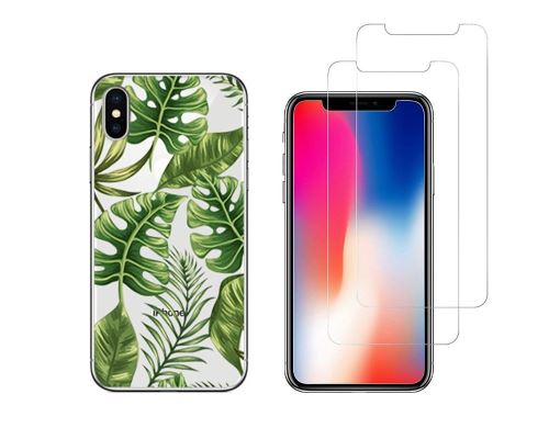 iPhone 10 iPhone X - Combo (1 coque + 2 verres trempés ) Coque Gel transparente et solide anti choc + 2 films en verre trempé (Feuilles Vertes)