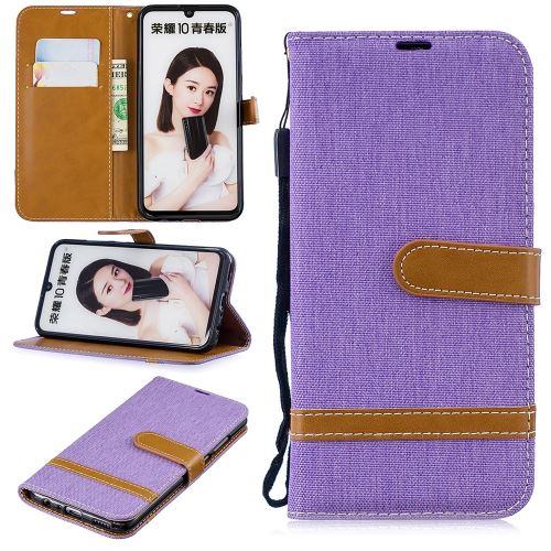 Etui en PU tissu jean bicolore avec support violet pour votre Huawei P Smart (2019)/Honor 10 Lite