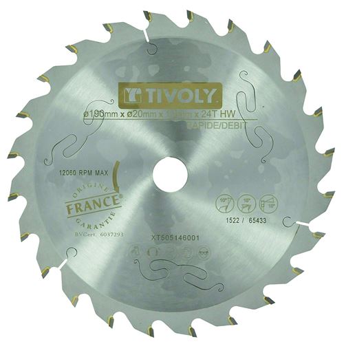Lame Scie Circulaire à Bois Ø190mm TIVOLY 24 dents alesage Ø20mm bague Ø16mm Acier Carbure Coupe ultra rapide bois
