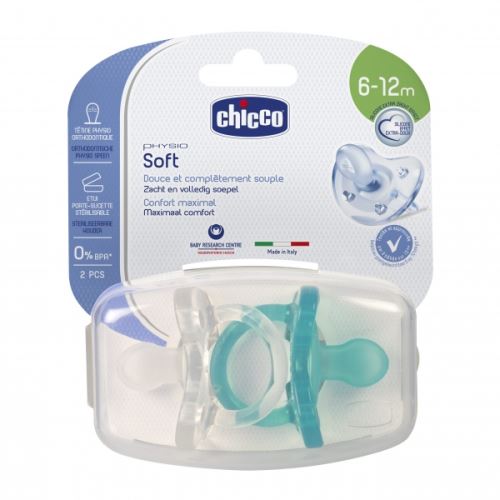 Lot de 2 sucettes physio soft en silicone 6-12m transparent et bleu - chicco