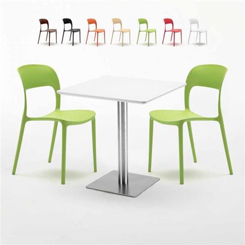 Table carrée blanche 70x70 avec pied en acier et 2 chaises colorées Restaurant Strawberry, Couleur: Vert