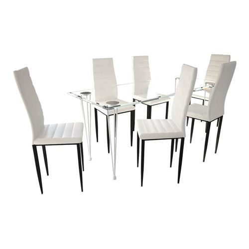Lot de 6 chaises blanches aux lignes fines avec une table en verre