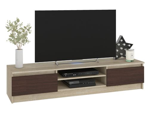 ROBIN | Meuble bas TV contemporain salon/séjour 160x33x40cm | 2 niches + 2 portes | Rangement matériel audio/video/gaming | Sonoma/Wenge