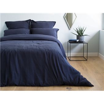 Housse de couette unie lin et coton lavé bleu nuit ...