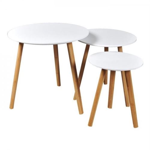 VENUS 3 tables gigognes rondes scandinave blanc laque avec pieds en bois massif - L 50 x l 50 cm - L 40 x l 40 cm et L 30 x l 30