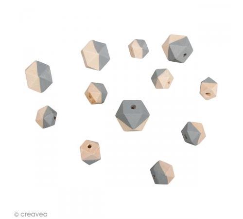 Perles en bois - Diamant bicolore Gris clair - 2 tailles - 12 pcs